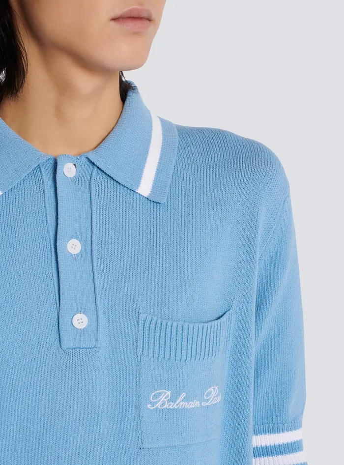 Balmain Wool Polo Shirt With Signature Embroidery Blue Men Shirts And Polos