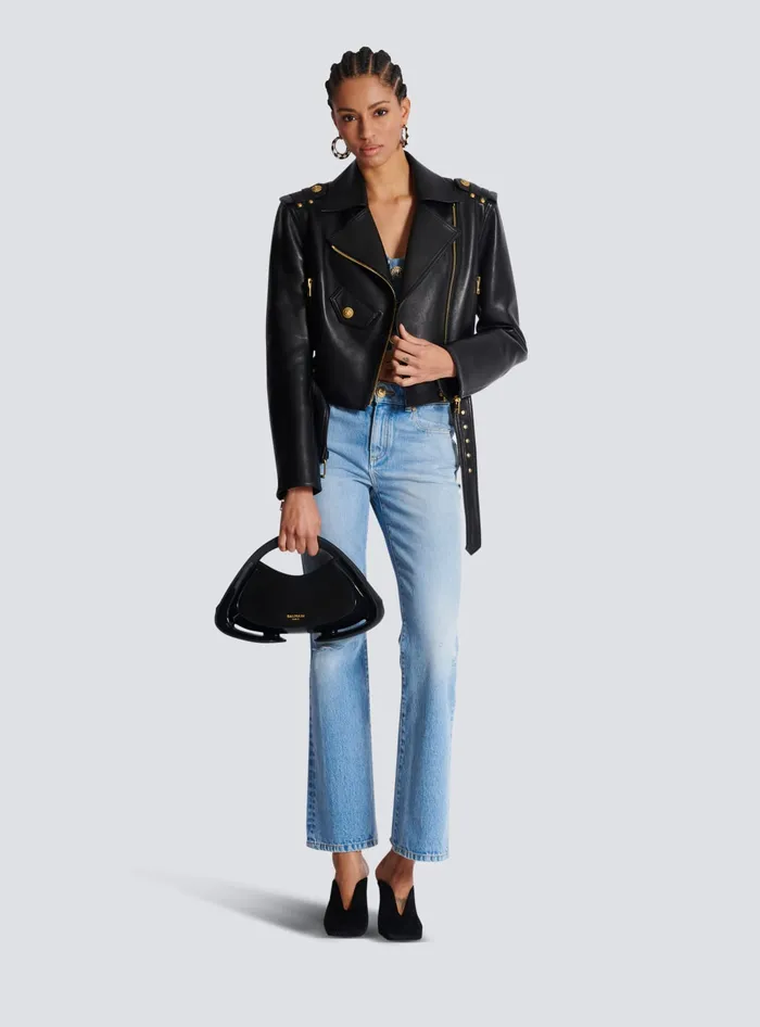 Balmain Zipped Leather Biker Jacket Black Women Outerwear