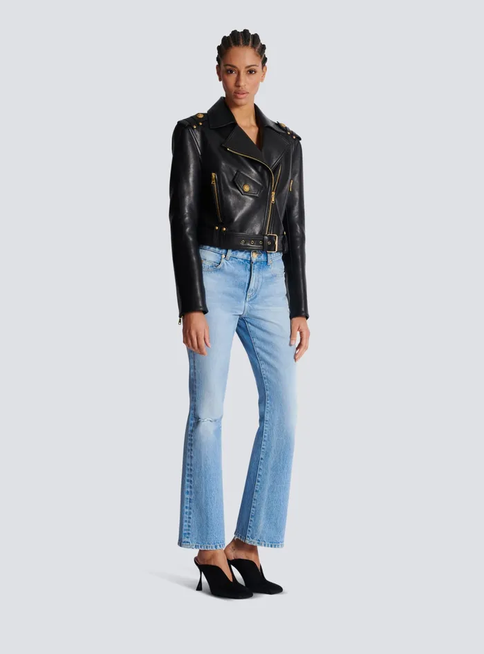 Balmain Zipped Leather Biker Jacket Black Women Outerwear