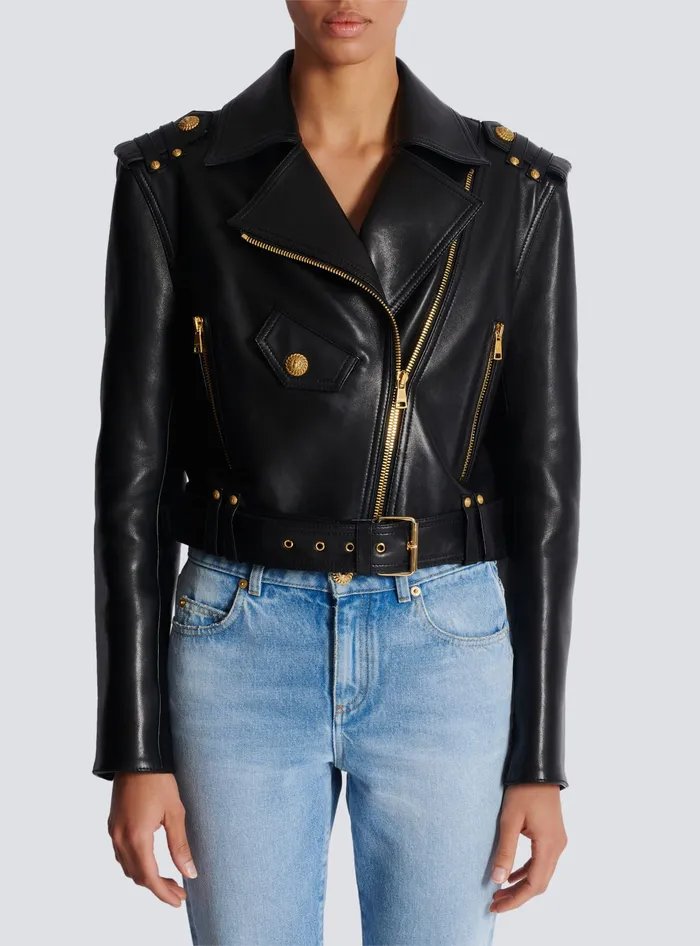 Balmain Zipped Leather Biker Jacket Black Women Outerwear