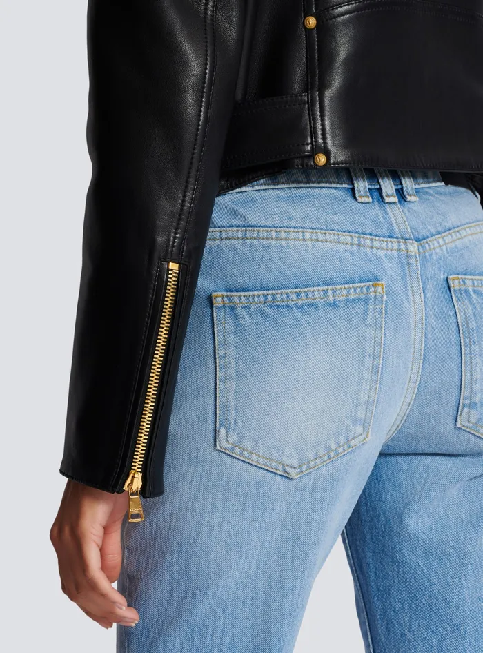 Balmain Zipped Leather Biker Jacket Black Women Outerwear