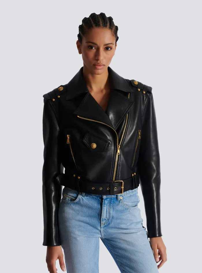 Balmain Zipped Leather Biker Jacket Black Women Outerwear