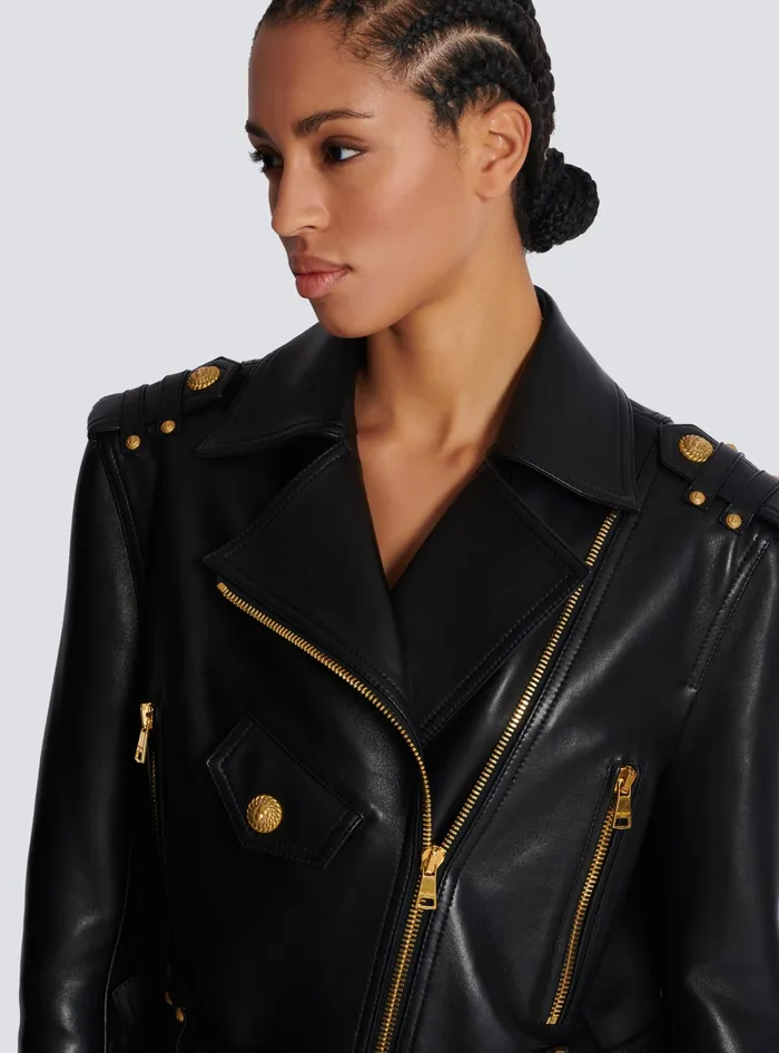 Balmain Zipped Leather Biker Jacket Black Women Outerwear