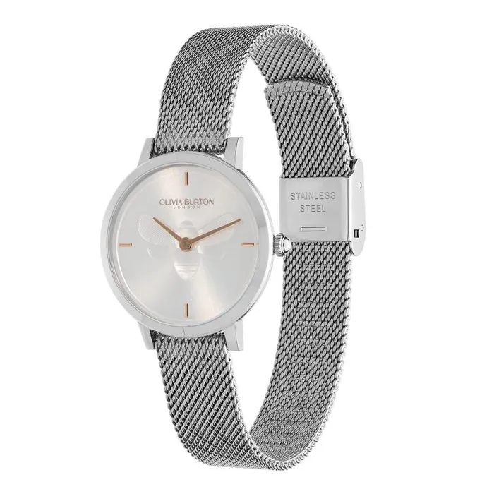 Bee Watches Women Olivia Burton 28mm Bee Ultra Slim Metallic White and Silver Mesh Watch