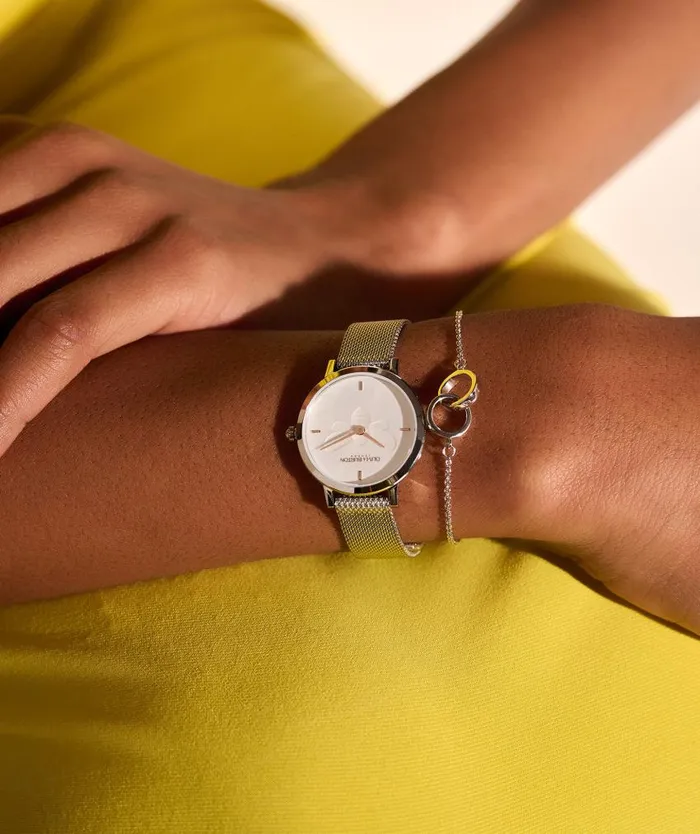 Bee Watches Women Olivia Burton 28mm Bee Ultra Slim Metallic White and Silver Mesh Watch