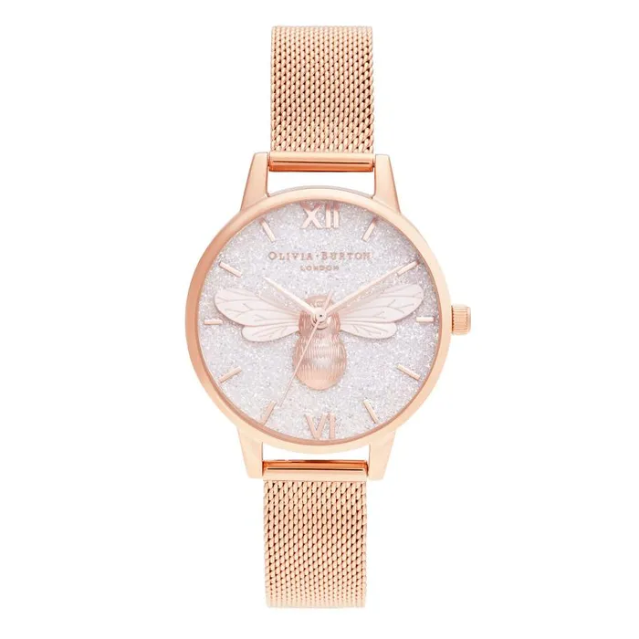 Bee Watches Women Olivia Burton 30mm White and Rose Gold Mesh Watch