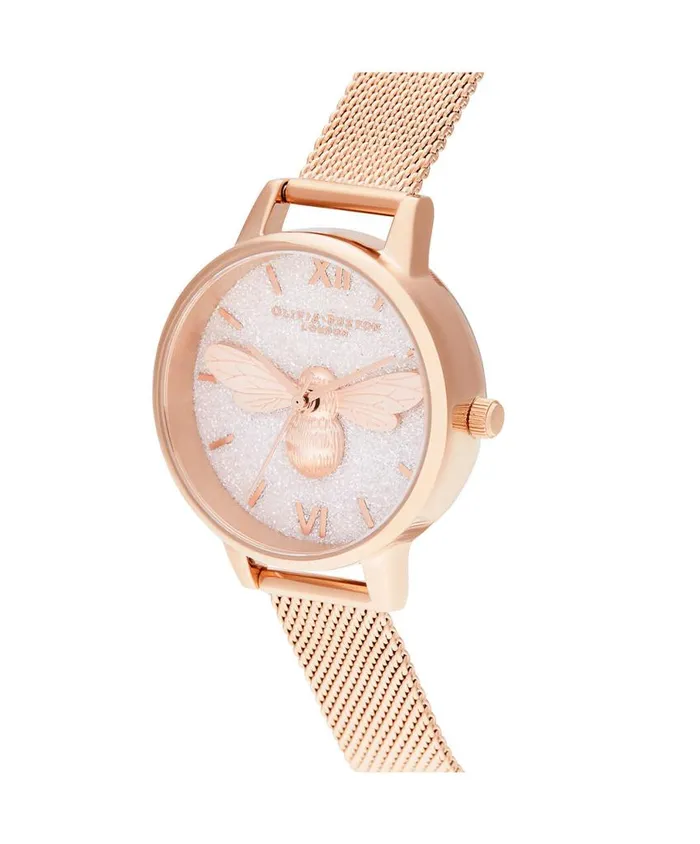 Bee Watches Women Olivia Burton 30mm White and Rose Gold Mesh Watch