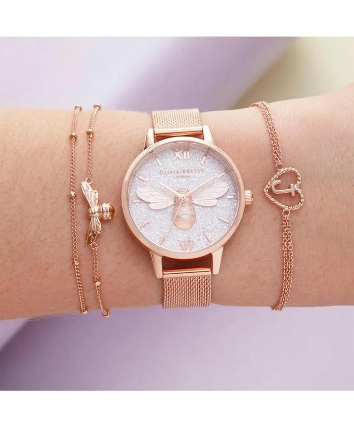 Bee Watches Women Olivia Burton 30mm White and Rose Gold Mesh Watch