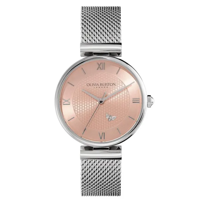 Bee Watches Women Olivia Burton 36mm Minima Bee TBar Blush and Silver Mesh Watch