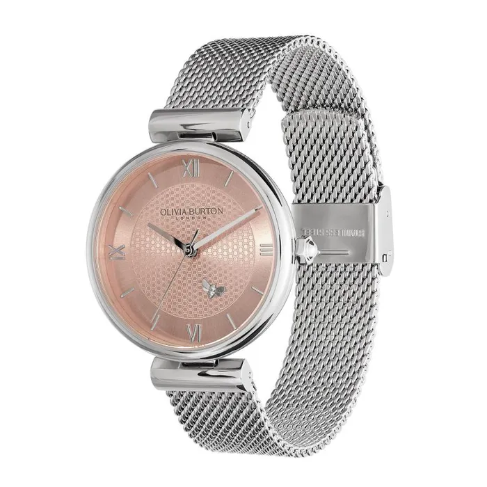 Bee Watches Women Olivia Burton 36mm Minima Bee TBar Blush and Silver Mesh Watch