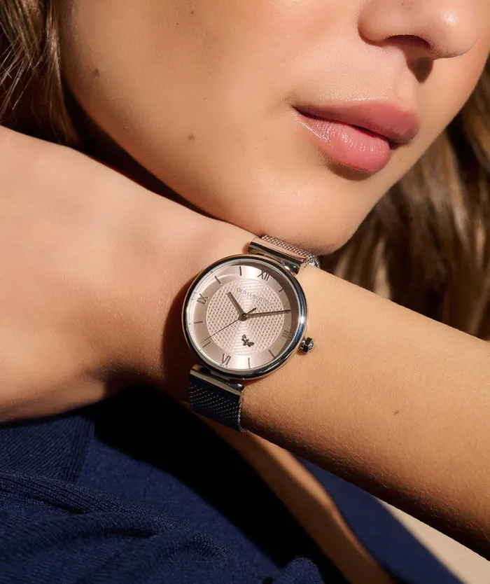 Bee Watches Women Olivia Burton 36mm Minima Bee TBar Blush and Silver Mesh Watch