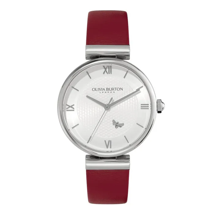 Bee Watches Women Olivia Burton 36mm Minima Bee TBar Silver and Cranberry Leather Strap Watch Bee Watches Women Olivia Burton 36mm Minima Bee TBar Silver and Cranberry Leather Strap Watch