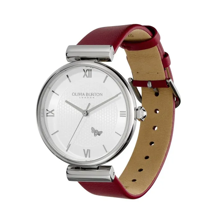Bee Watches Women Olivia Burton 36mm Minima Bee TBar Silver and Cranberry Leather Strap Watch