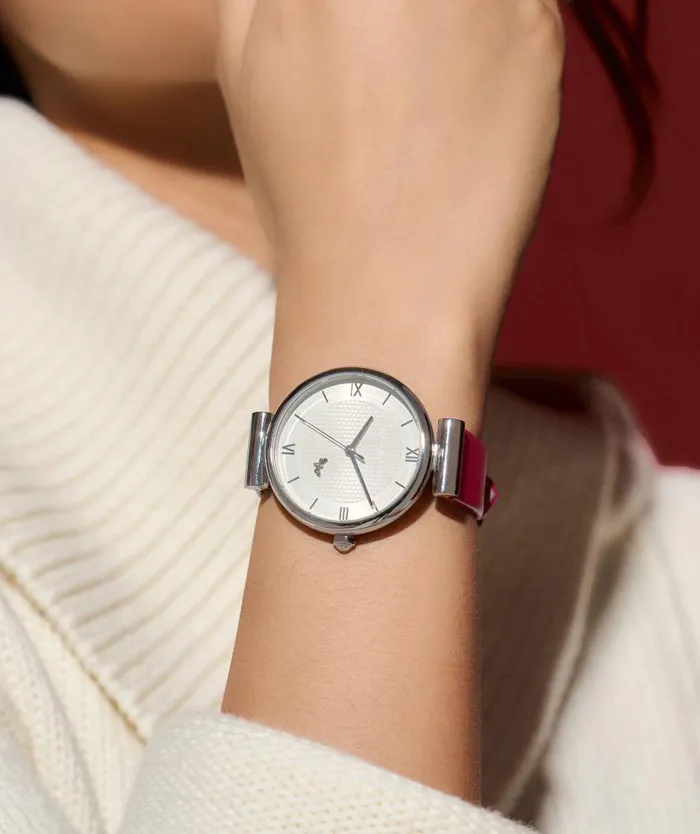 Bee Watches Women Olivia Burton 36mm Minima Bee TBar Silver and Cranberry Leather Strap Watch