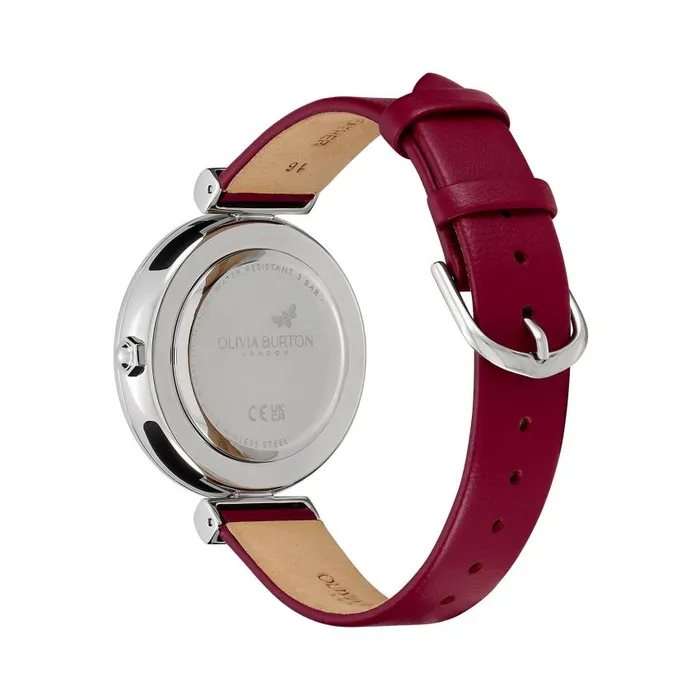 Bee Watches Women Olivia Burton 36mm Minima Bee TBar Silver and Cranberry Leather Strap Watch