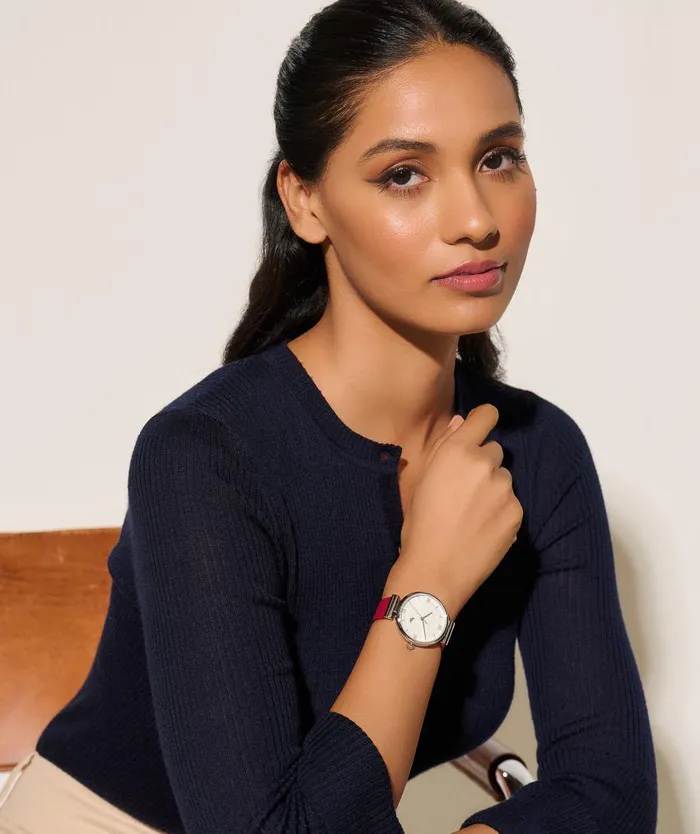 Bee Watches Women Olivia Burton 36mm Minima Bee TBar Silver and Cranberry Leather Strap Watch
