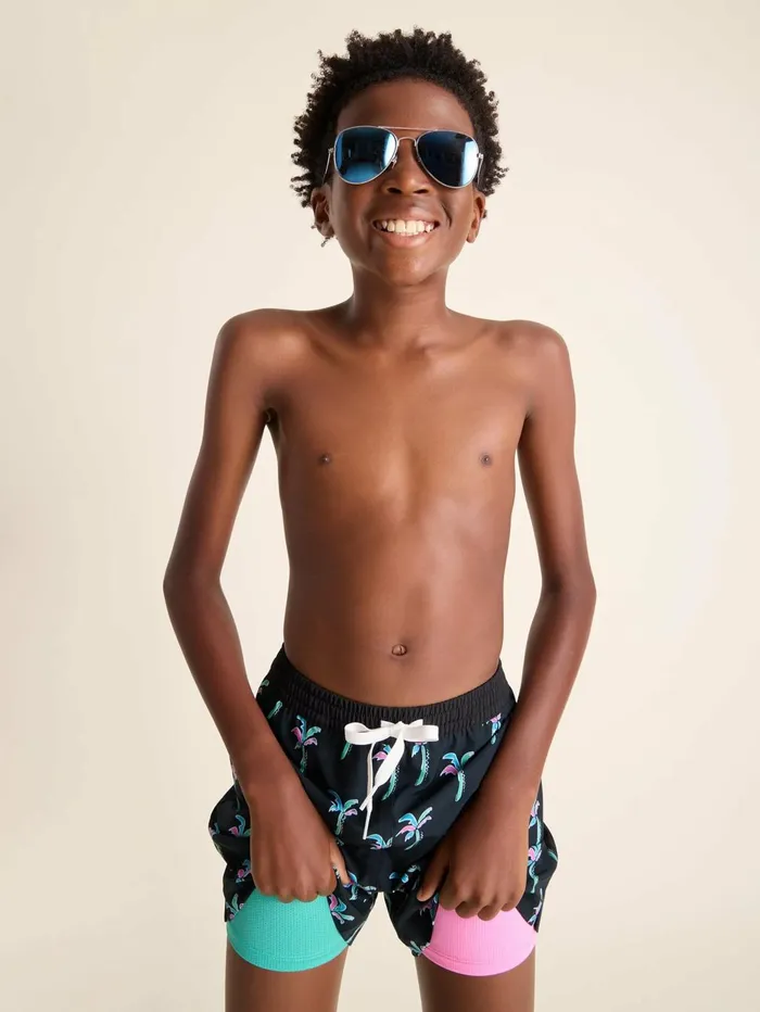 Chubbies Boys XsXl Swim The Havana Nights Black Palmsteal and Hot Pink Liner