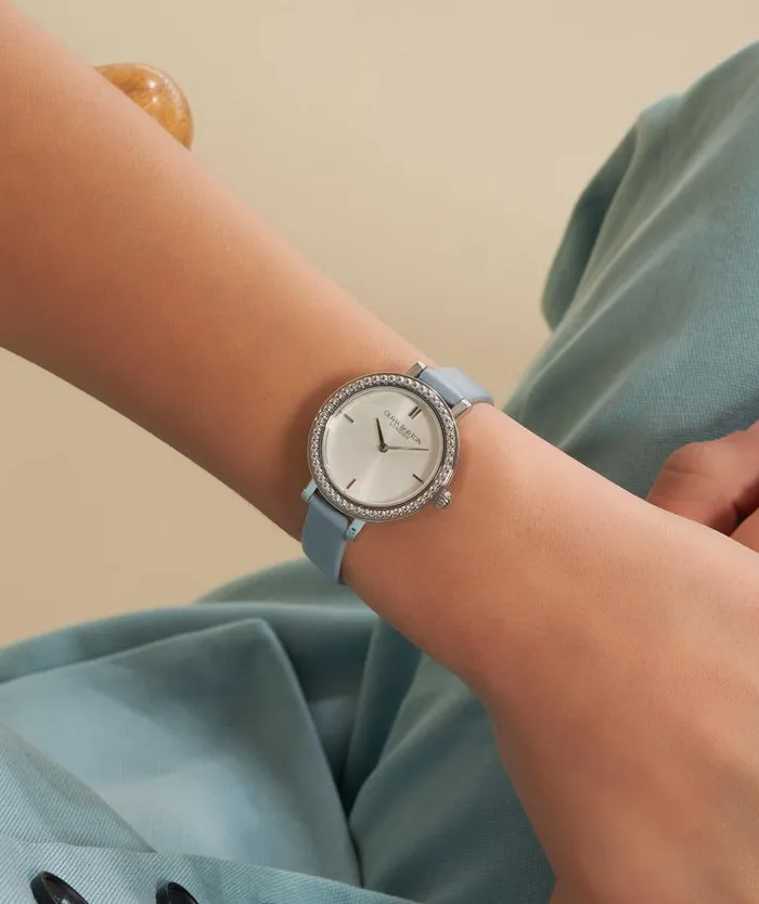 Classic Watches Women Olivia Burton 30mm Vintage Bead Silver and Chalk Blue Leather Strap Watch