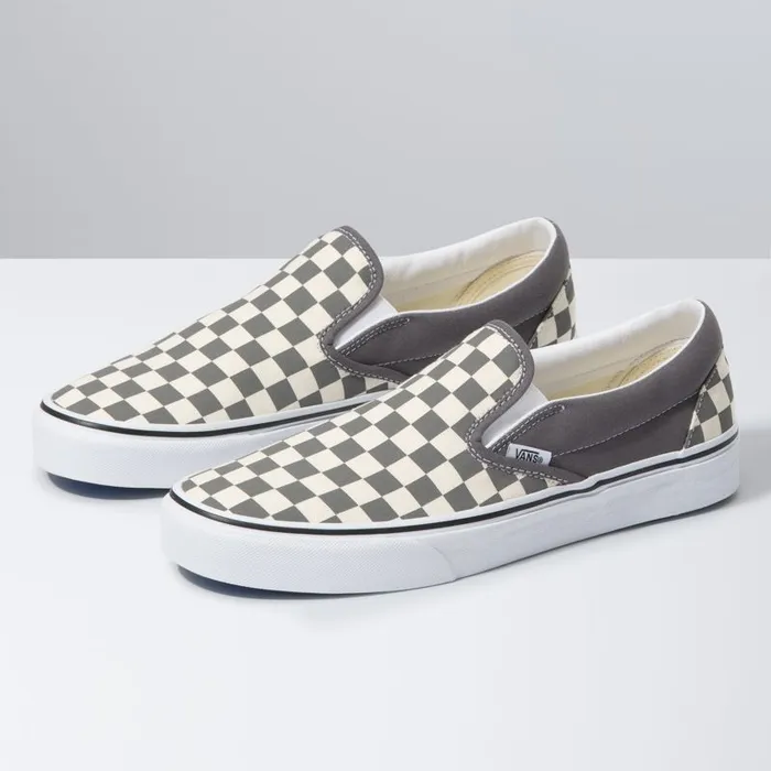 Classics Shoes MenWomen Vans Checkerboard SlipOn Pewtertrue White