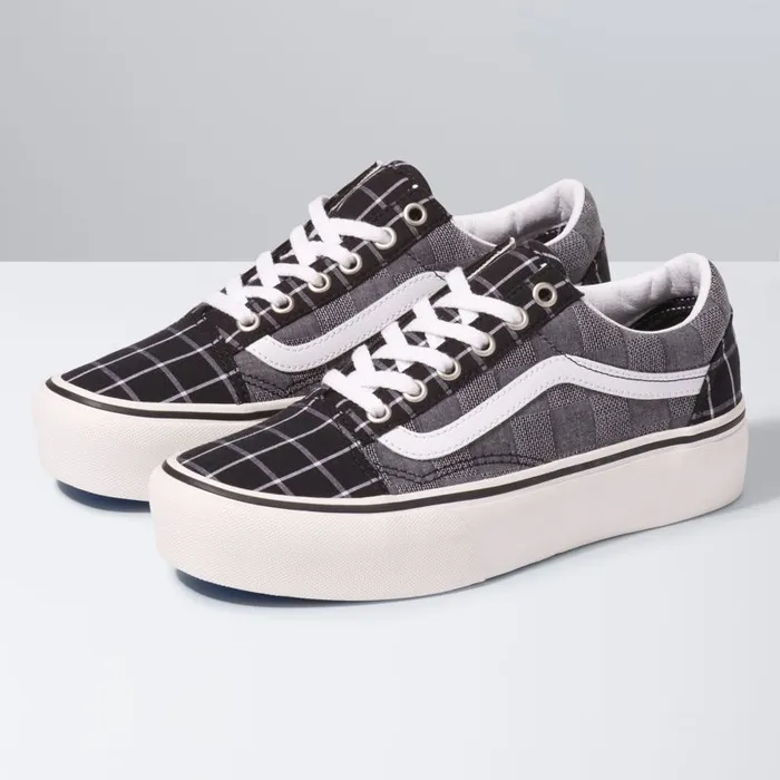 Classics Shoes Women Vans Woven Check Old Skool Platform Multiblanc De Blanc