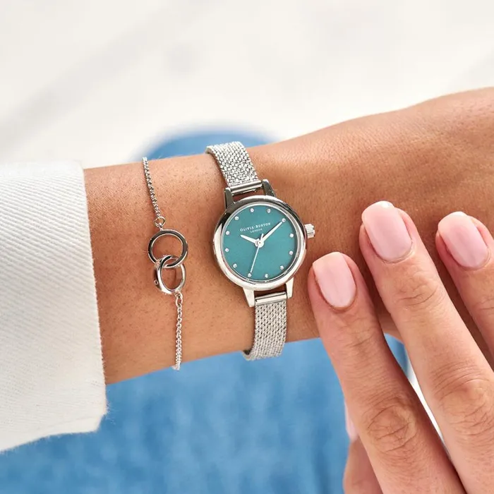 Color Dial Watches Women Olivia Burton 23mm Teal and Silver Mesh Watch
