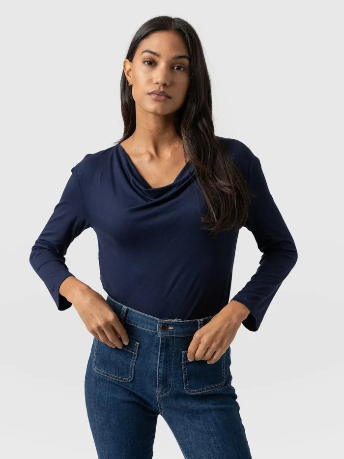 Cowl Neck Tee Long Sleeve 8211 Navy Navy Women Saint And Sofia TShirts and Tanks