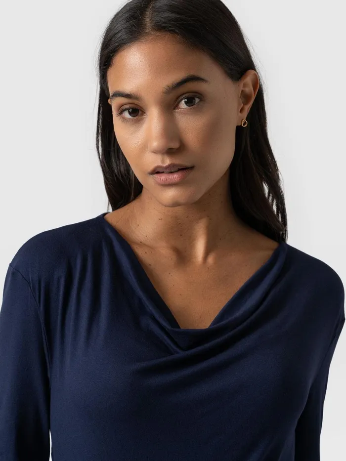 Cowl Neck Tee Long Sleeve 8211 Navy Navy Women Saint And Sofia TShirts and Tanks