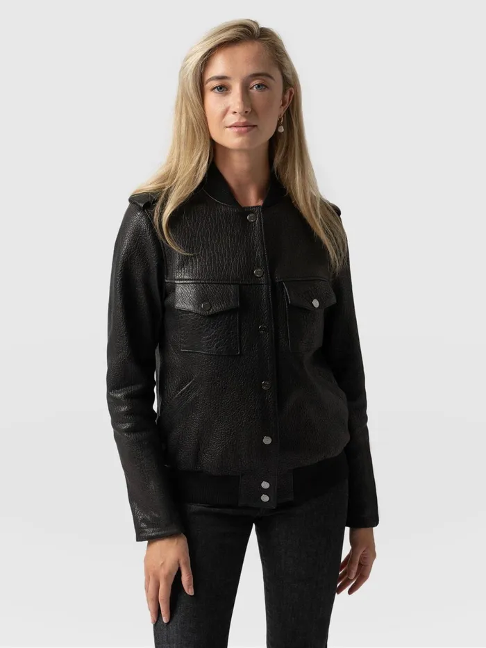 Delphi Leather Bomber Jacket 8211 Black Black Women Saint And Sofia Coats and Jackets