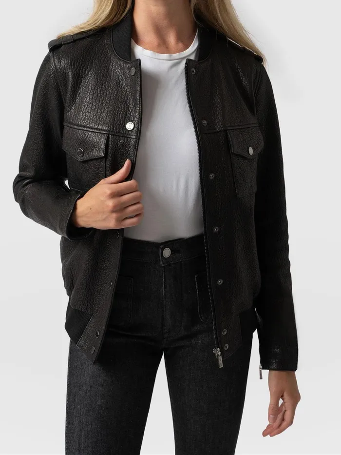 Delphi Leather Bomber Jacket 8211 Black Black Women Saint And Sofia Coats and Jackets