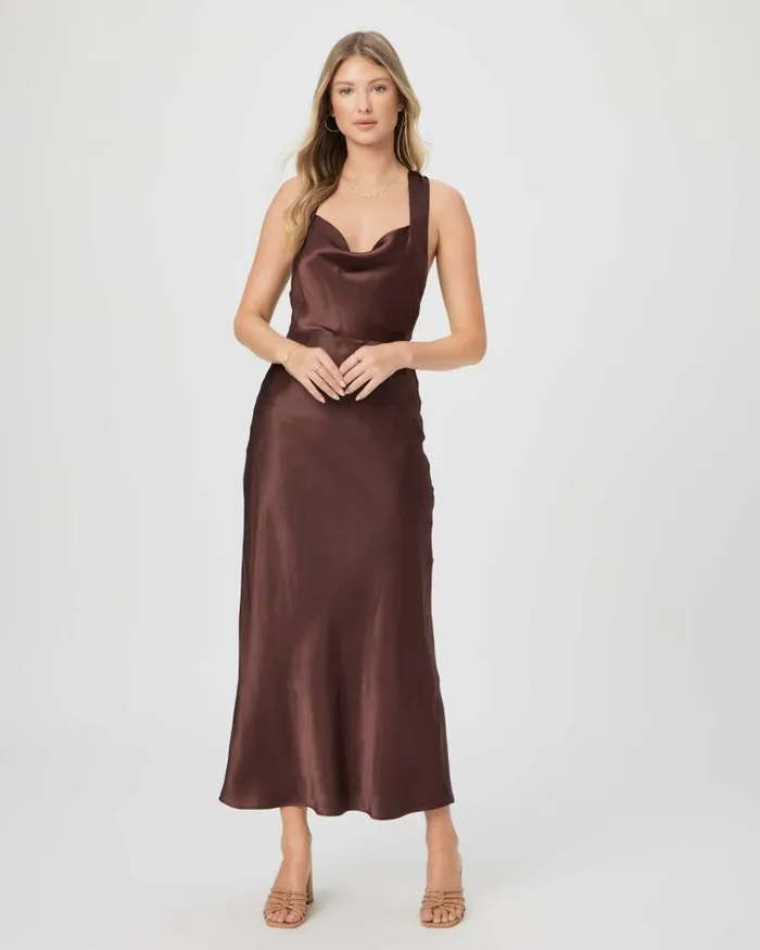 Dresses Women PAIGE Marcel Dress 8211 Rum Raisin Silk Satin