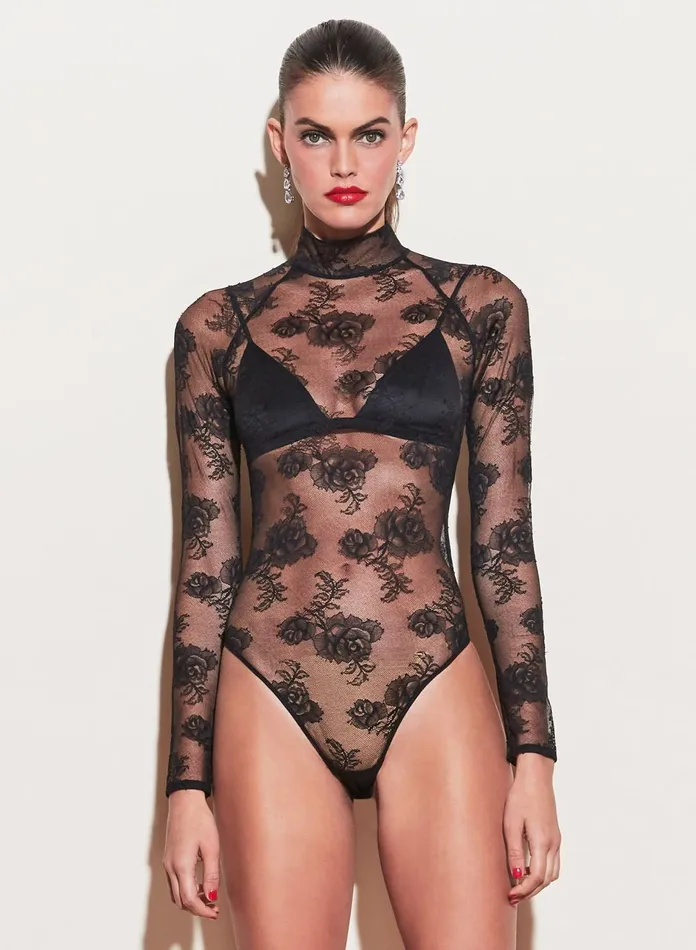 Fleur Du Mal Bodysuits Women Bouquet Lace Turtleneck Bodysuit Black