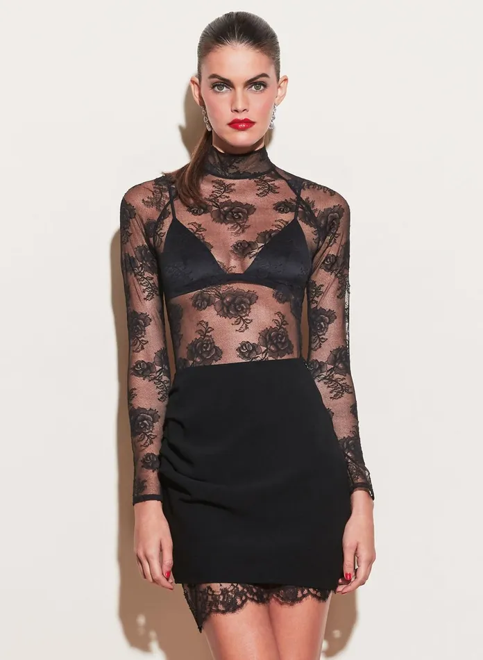 Fleur Du Mal Bodysuits Women Bouquet Lace Turtleneck Bodysuit Black