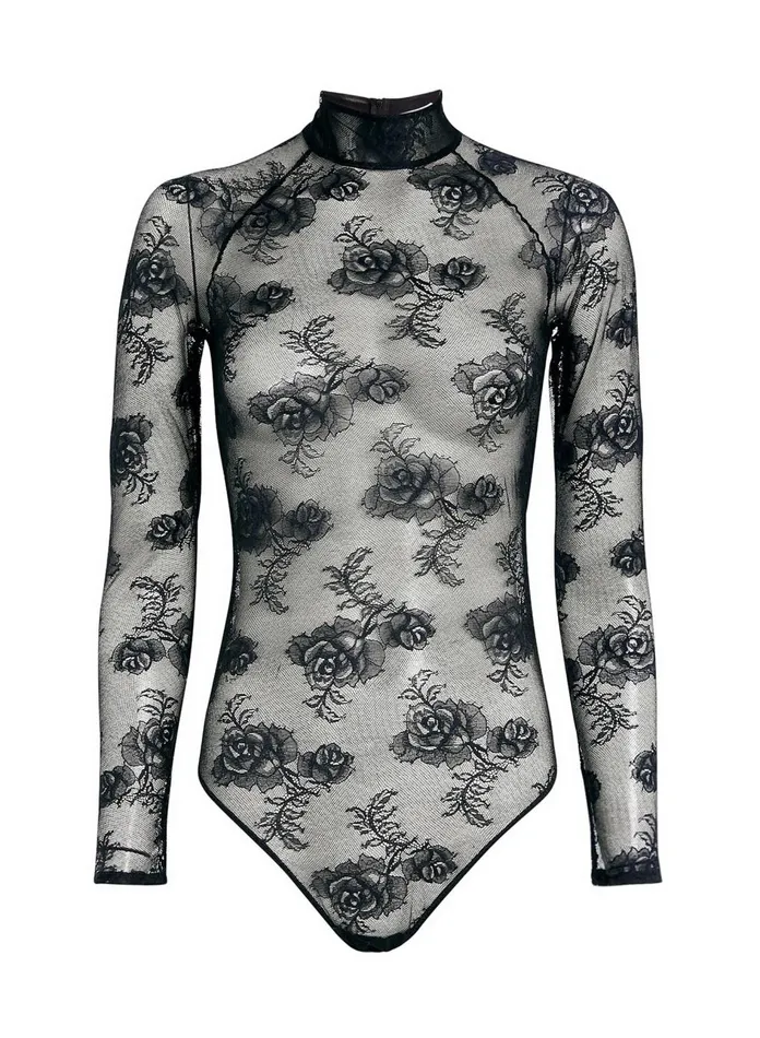 Fleur Du Mal Bodysuits Women Bouquet Lace Turtleneck Bodysuit Black