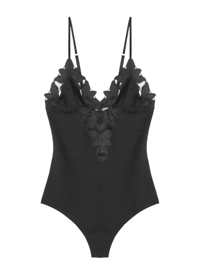 Fleur Du Mal Bodysuits Women Lily Embroidery VNeck Plunge Bodysuit Black Fleur Du Mal Bodysuits Women Lily Embroidery VNeck Plunge Bodysuit Black