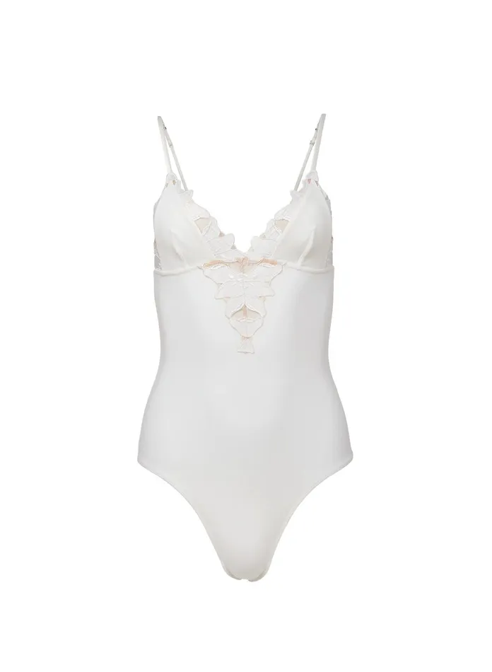 Fleur Du Mal Bodysuits Women Lily Embroidery VNeck Plunge Bodysuit Ivory Fleur Du Mal Bodysuits Women Lily Embroidery VNeck Plunge Bodysuit Ivory
