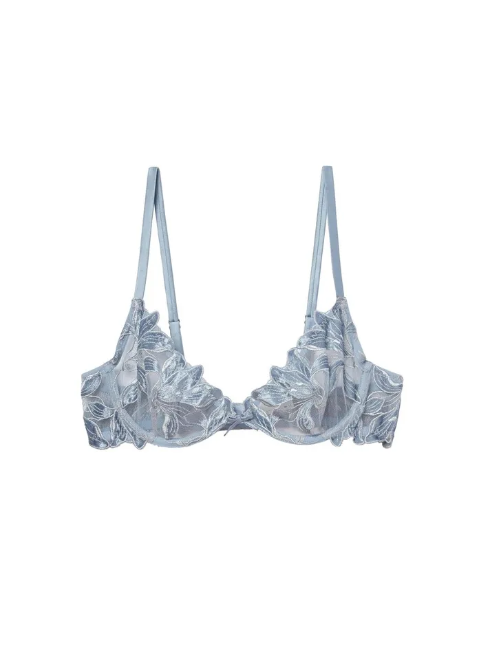 Fleur Du Mal Bras Women Velvet Lily Embroidery Plunge Demi Bra Steel Blue