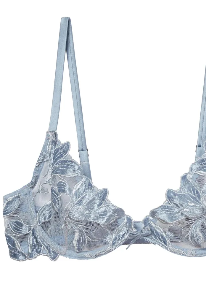 Fleur Du Mal Bras Women Velvet Lily Embroidery Plunge Demi Bra Steel Blue