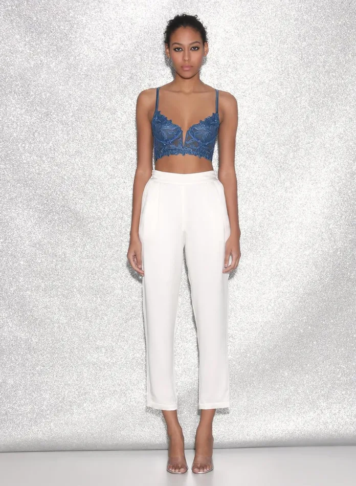 Fleur Du Mal Bustiers and Bra Tops Women Denim Lily Embroidery Longline Demi Bra Denim