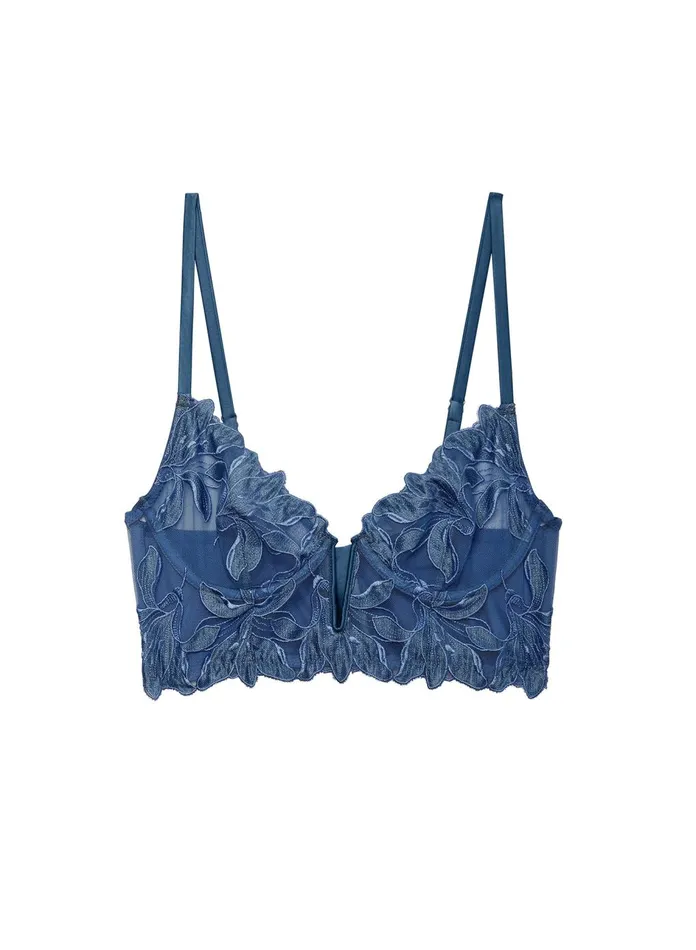 Fleur Du Mal Bustiers and Bra Tops Women Denim Lily Embroidery Longline Demi Bra Denim