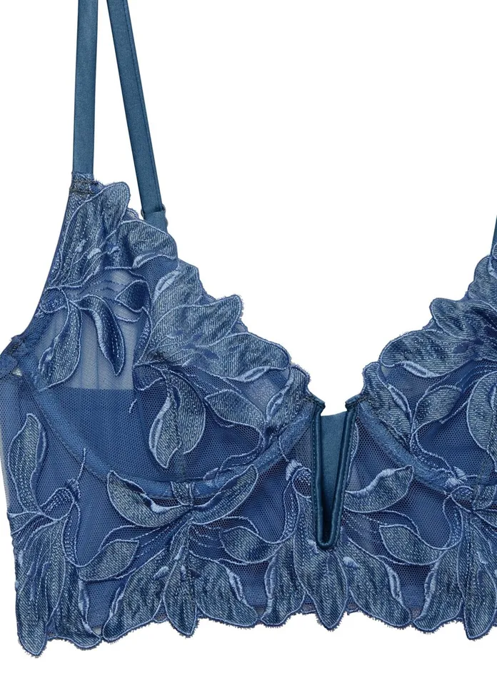 Fleur Du Mal Bustiers and Bra Tops Women Denim Lily Embroidery Longline Demi Bra Denim