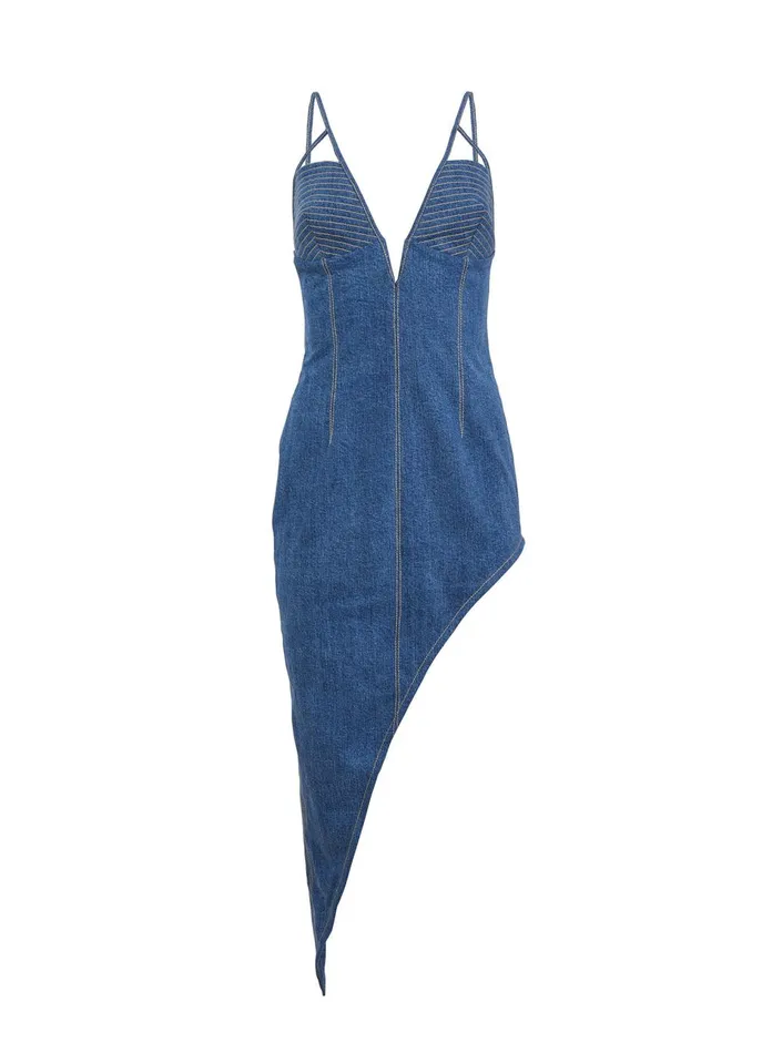 Fleur Du Mal Dresses Women Asymmetric Denim High Leg Dress Medium Wash Denim Fleur Du Mal Dresses Women Asymmetric Denim High Leg Dress Medium Wash Denim