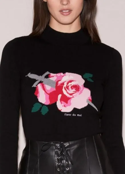 Fleur Du Mal Knitwear Women Rose and Dagger Cropped Sweater Black Rose Print Fleur Du Mal Knitwear Women Rose and Dagger Cropped Sweater Black Rose Print