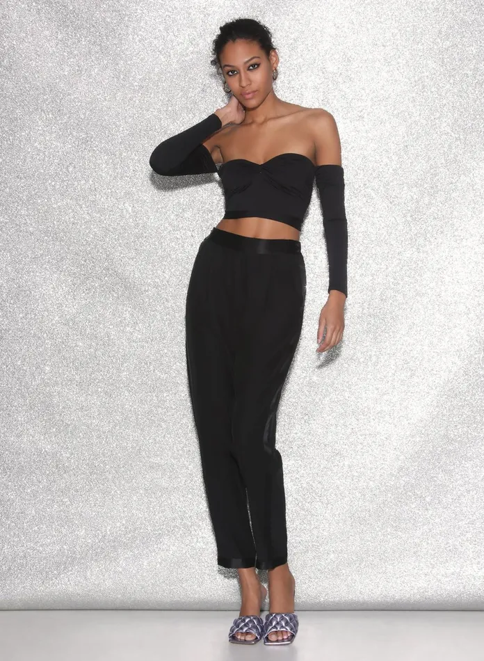 Fleur Du Mal Long Sleeve Women Jersey Draped Crop Top Black Fleur Du Mal Long Sleeve Women Jersey Draped Crop Top Black