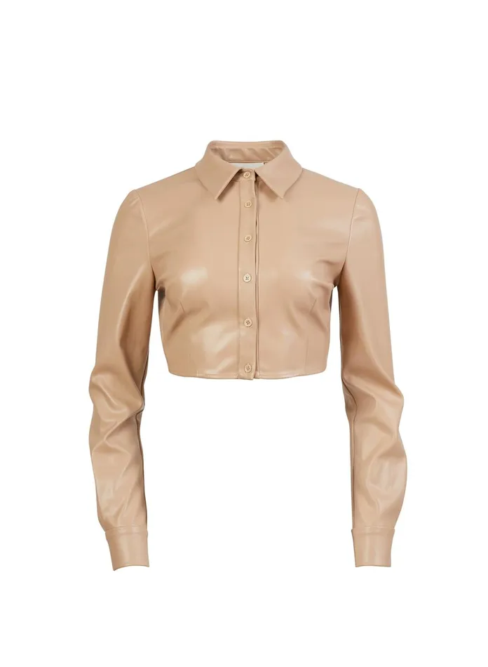 Fleur Du Mal Long Sleeve Women Vegan Leather Cropped Button Down Desert Fleur Du Mal Long Sleeve Women Vegan Leather Cropped Button Down Desert