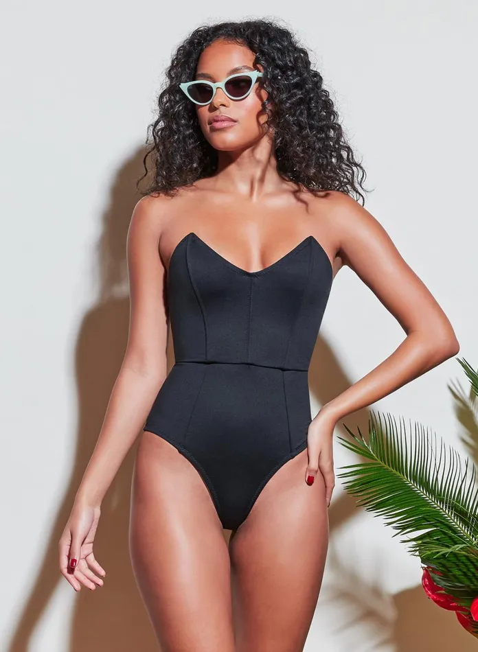 Fleur Du Mal One Pieces Women Strapless VNeck One Piece Black Fleur Du Mal One Pieces Women Strapless VNeck One Piece Black