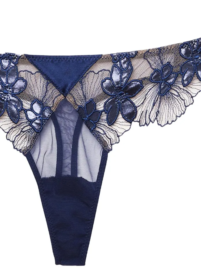 Fleur Du Mal Panties and Garters Women Violet Thong Nighttime Blue Fleur Du Mal Panties and Garters Women Violet Thong Nighttime Blue