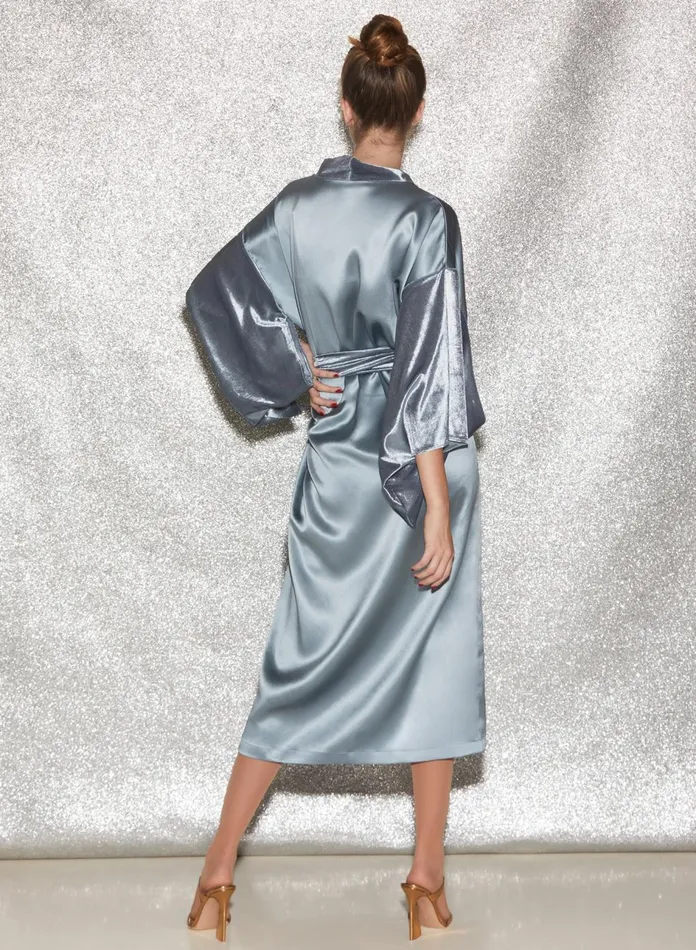 Fleur Du Mal Robes Women Velvet and Silk Robe Steel Blue Fleur Du Mal Robes Women Velvet and Silk Robe Steel Blue