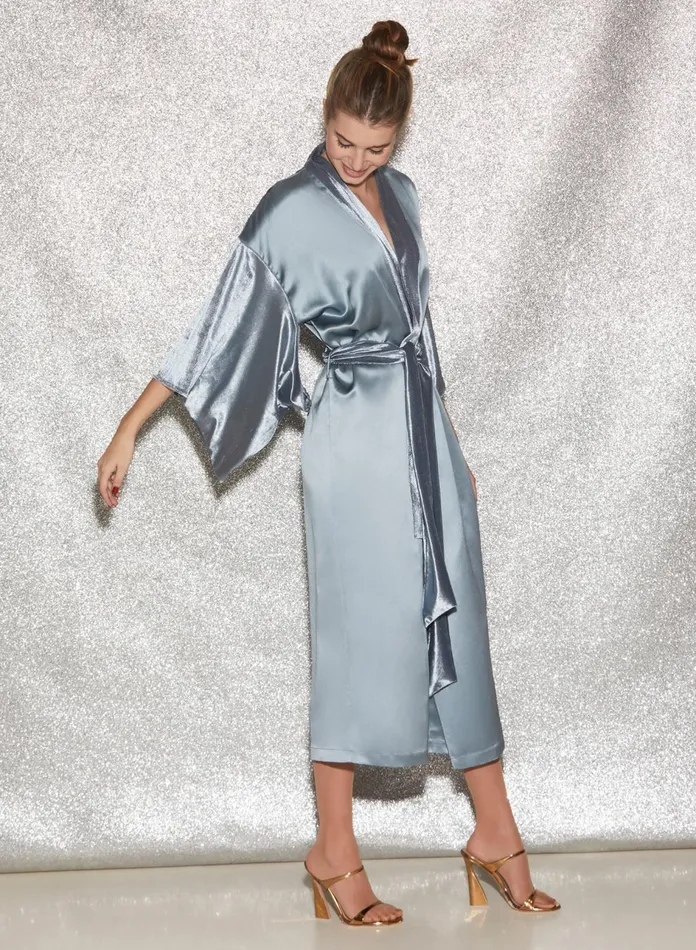 Fleur Du Mal Robes Women Velvet and Silk Robe Steel Blue Fleur Du Mal Robes Women Velvet and Silk Robe Steel Blue