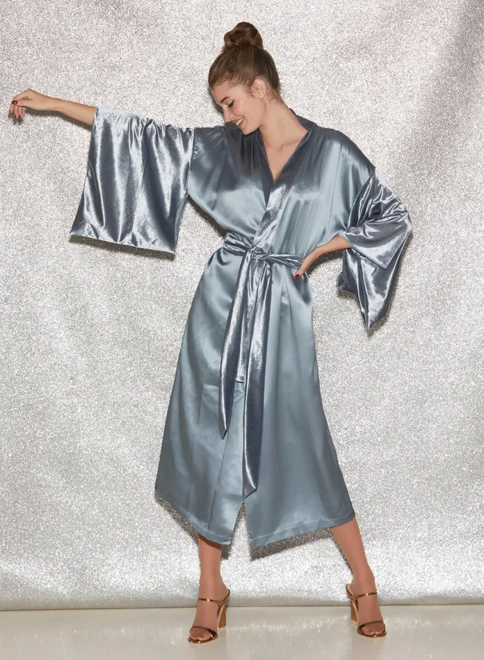 Fleur Du Mal Robes Women Velvet and Silk Robe Steel Blue Fleur Du Mal Robes Women Velvet and Silk Robe Steel Blue