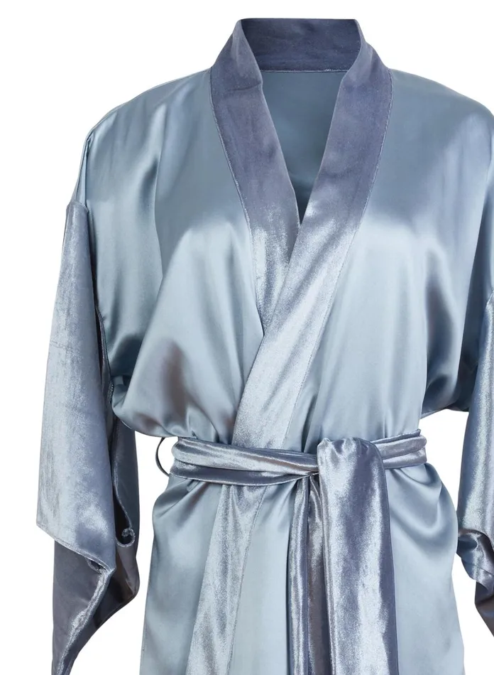 Fleur Du Mal Robes Women Velvet and Silk Robe Steel Blue Fleur Du Mal Robes Women Velvet and Silk Robe Steel Blue